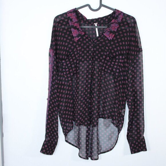 Free People Women's Black and Purple Chiffon Button Down Blouse XS - Picture 1 of 4